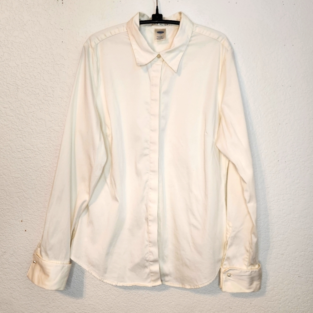 Old Navy Cream Stretch Button Down Shirt with‎ Faux Pearl Cuff Lengths, Size L